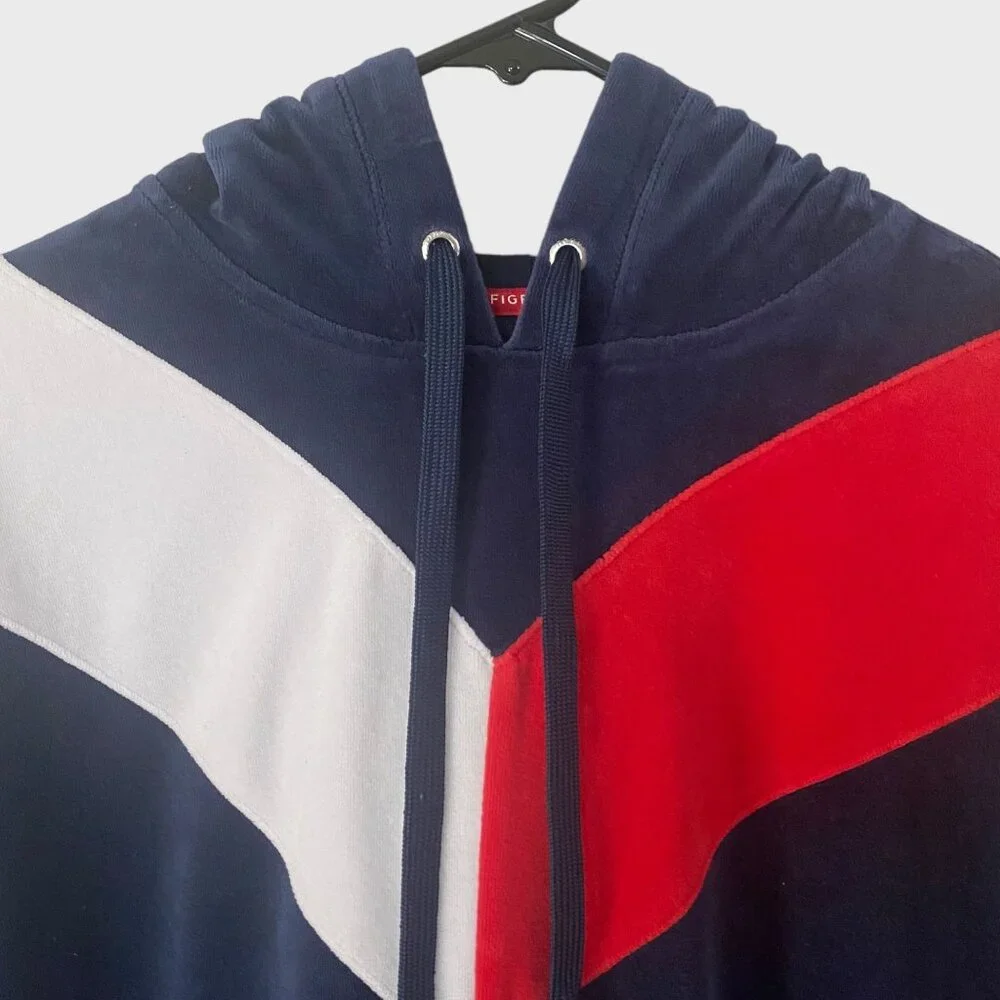 Y2K Tommy Hilfiger Sport Velour Chevron Hoodie Sweatshirt Blue Women's Medium - Picture 5 of 13